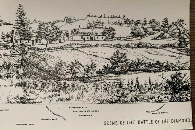 An old illustration showing the position of Dan Winter's cottage at the time of the Battle of the Diamond in Loughgall. Picture: the Winter family.