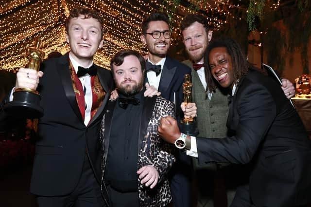 Celebrating success at the Oscars 2023 are, from left: Ross White, James Martin, Tom Berkeley, Seamus O'Hara, winners of the Best Live Action Short Film award for An Irish Goodbye and guest attend the Governors Ball during the 95th Annual Academy Awards. Picture: Emma McIntyre/Getty Images