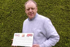 Stevan Patterson with the plaque to celebrate the 150th anniversary of the birth of Edward Arthur Johnston.  Mr Patterson is also calling for a Harry Ferguson Museum to be bulit | Supplied