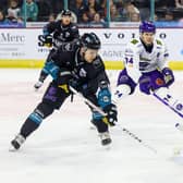 Belfast Giants’ Grant Mismash with Glasgow Clan’s Landon Bow during last Sunday’s Challenge Cup game at the SSE Arena, Belfast. Photo by William Cherry/Presseye