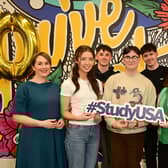 Lisburn student Rachel Monaghan (second left), pictured with (l -r) Moira Doherty, Department for the Economy, Jonathan Stewart, Director, British Council Northern Ireland and fellow Study USA students. Credit: Pacemaker Press