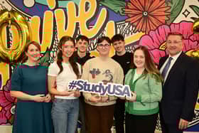 Lisburn student Rachel Monaghan (second left), pictured with (l -r) Moira Doherty, Department for the Economy, Jonathan Stewart, Director, British Council Northern Ireland and fellow Study USA students. Credit: Pacemaker Press
