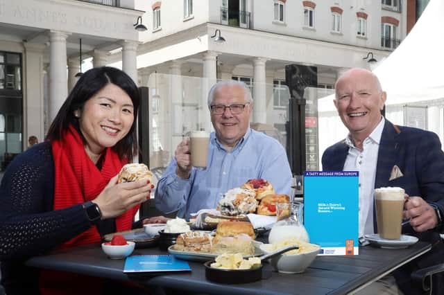 Best Scone NI is backed by Suzie Lee - BBC Home Cook Hero (left) and Colin Neill - Hospitality Ulster Chief Executive (right). Both pictured here with Dairy Council for Northern Ireland CEO, Mike Johnston (middle).
