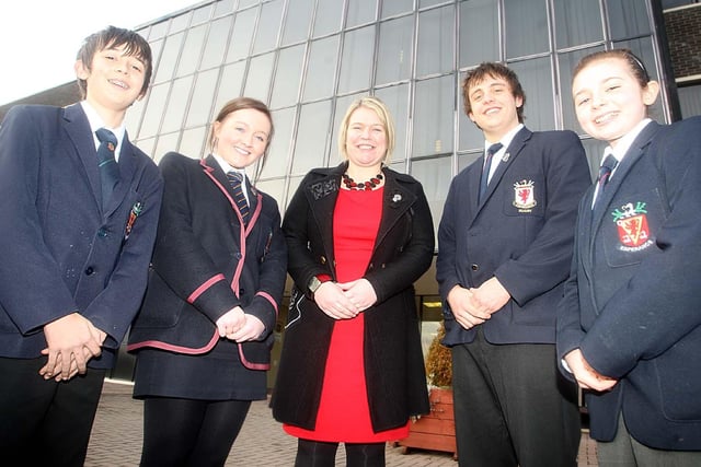 Wallace High School pupils Ross Walker, Kenza Lynch (Head Girl), Daniel Henry and Anna Farrelly pictured with School Principal Deborah O'Hare pictured ahead of the school open day in 2011