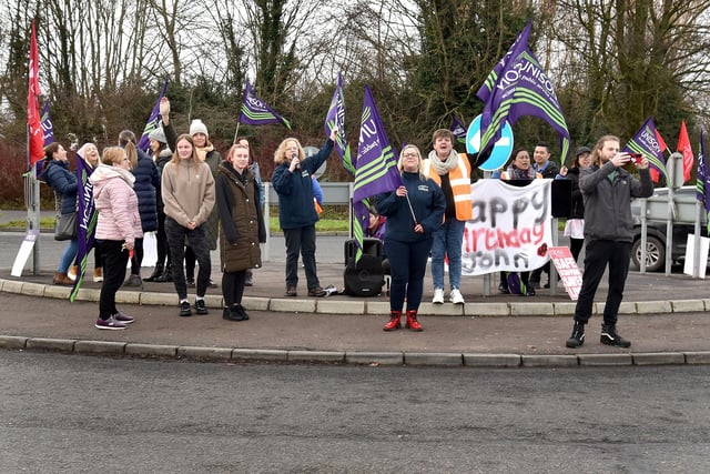 Health workers at Craigavon Area Hospital taking strike action at the hospital entrance. PT05-204.