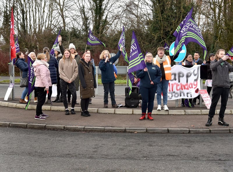Health workers at Craigavon Area Hospital taking strike action at the hospital entrance. PT05-204.