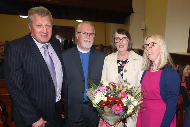 James Reilly and Fiona Taggart present gifts to  Rev. Roy Gaston, and Andrena Gaston at the  Service of Installation for Toberkeigh and Ramoan Congregations at Toberkeigh Presbyterian church on Friday evening