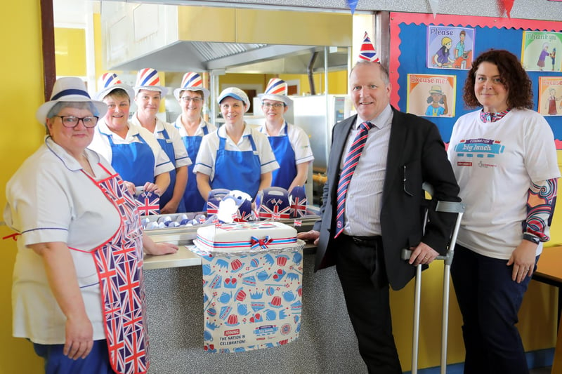 Cook Hazel Millar with canteen staff, principal David Radcliffe, and Coronation Big Lunch rep Grainne McCloskey. The Coronation Big Lunch is an idea from Eden Project made possible by the National Lottery.