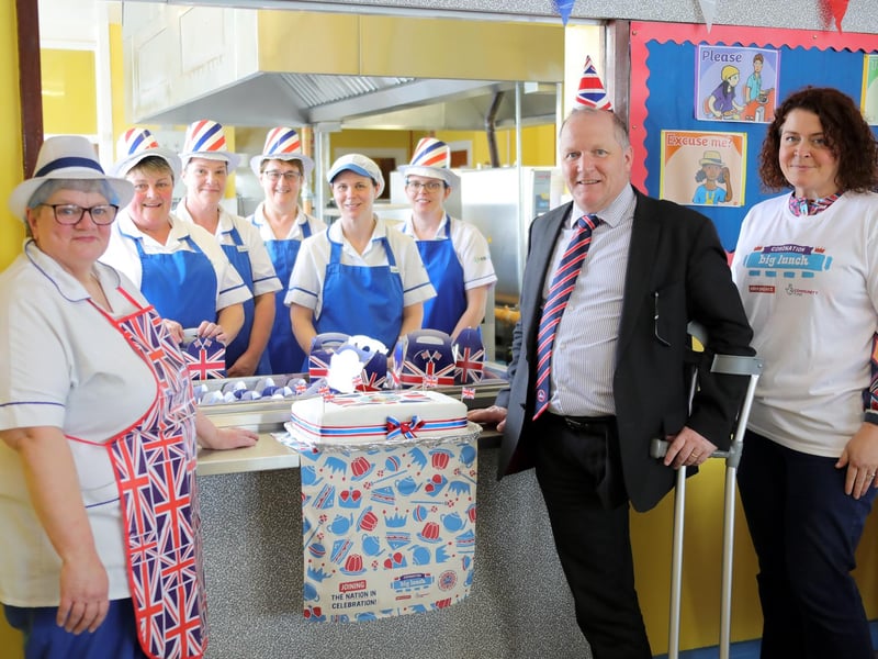 Cook Hazel Millar with canteen staff, principal David Radcliffe, and Coronation Big Lunch rep Grainne McCloskey. The Coronation Big Lunch is an idea from Eden Project made possible by the National Lottery.