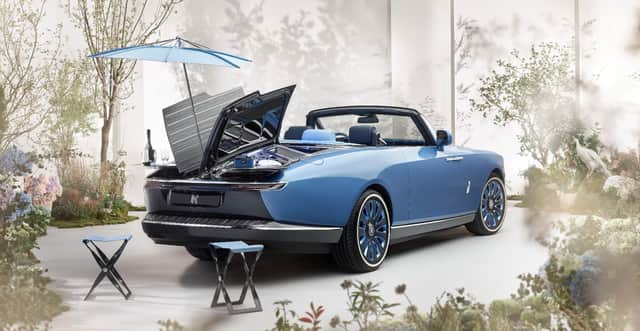 The Rolls-Royce Boat Tail features a champagne fridge and cocktail tables hidden beneath its butterfly wing rear deck