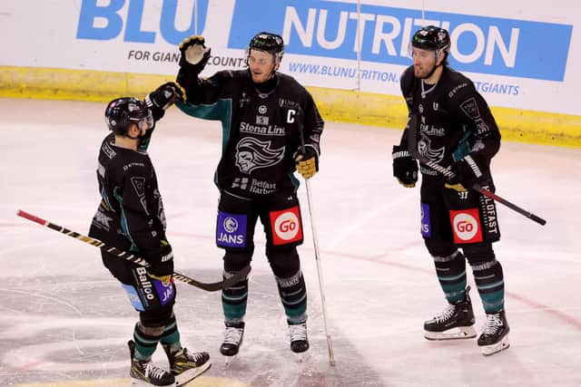 Belfast Giants’ Mark Cooper celebrates scoring against the Glasgow Clan during Saturday night’s EIHL game at the SSE Arena, Belfast.   Photo by William Cherry/Presseye