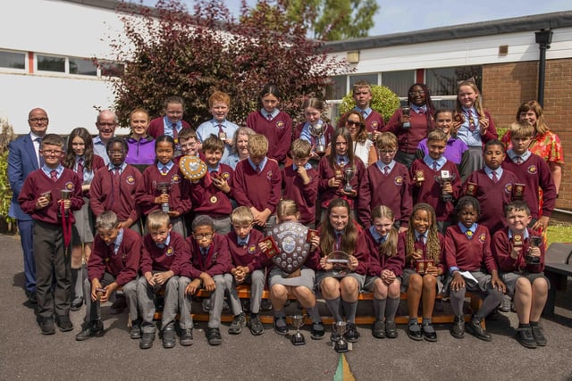 Ballyoran PS, head teacher Mr Woolsey and his staff plus special guests Co Armagh stars Aime and Blaithin and pupils celebrated the annual prize day.