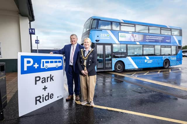 Sam Todd, Service Delivery Manager at Translink, and the Mayor of Causeway Coast and Glens Borough Council, Councillor Dawn Huggins, pictured at Coleraine Bus Station ahead of Armed Forces Day 2026, which takes place on Saturday 20 June.