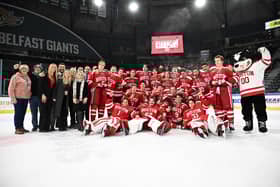 Boston University Terriers celebrate winning the Belpot Trophy at The SSE Arena, Belfast. Picture: Andrew Paton / Press Eye
