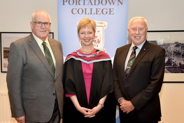 Guest of honour, Hon Professor Stephen White OBE, with College principal Miss Gillian Gibb and chairman of the Board of Governors, Mr Peter Aiken. PT49-227.