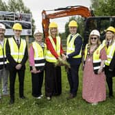 Andrew Martin, senior responsible owner, Education Authority; pupil Daniel Fitzsimmons; Maria Quinn MBE, former principal; Fiona Cromie, principal; Education Minister Paul Givan; Councillor Julie Gilmour, Deputy Mayor Antrim and Newtownabbey Borough Council; pupil Casey Sloan and Sharon Simpson, project sponsor, Education Authority.  Photo provided by Department of Education.