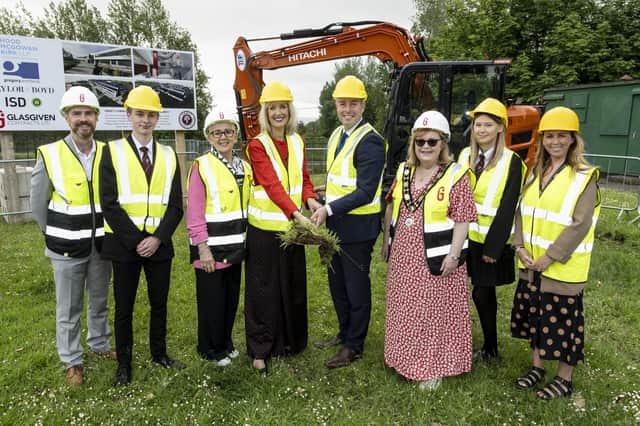 Andrew Martin, senior responsible owner, Education Authority; pupil Daniel Fitzsimmons; Maria Quinn MBE, former principal; Fiona Cromie, principal; Education Minister Paul Givan; Councillor Julie Gilmour, Deputy Mayor Antrim and Newtownabbey Borough Council; pupil Casey Sloan and Sharon Simpson, project sponsor, Education Authority. Photo provided by Department of Education.