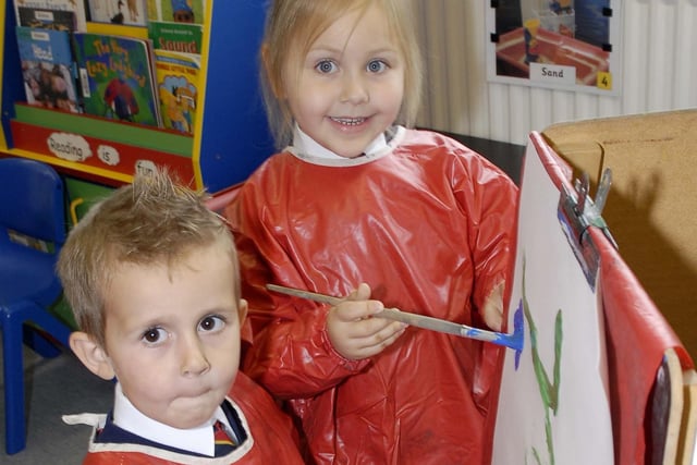 P1 pupils at Orchard County Primary School Kane Burns and Katy Bain create their frst work of art back in 2007.