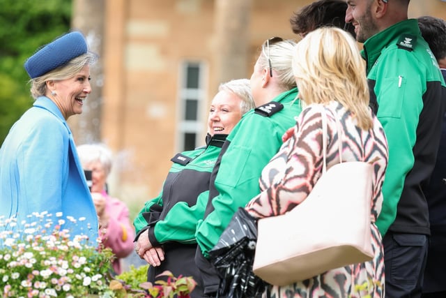 Enjoying the garden party at Hillsborough Castle in the company of the Duke of Edinburgh, Prince Edward and his wife Sophie, the Duchess of Edinburgh.