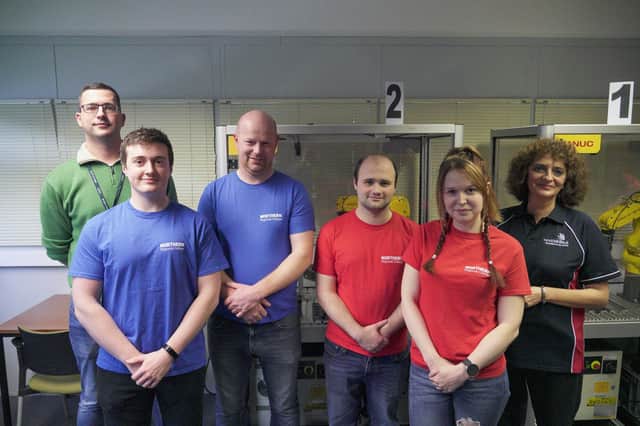 Northern Regional College students who have qualified for the WorldSkills UK national finals later this month with their lecturers, Mark Maginty and Karla Kosch. From left to right, Mark Maginty, Kyle Davidson and Canaan Carlton (Mechatronics), Peter O’Neill and Hannah Currie (Industrial Robotics) and Karla Kosch. Credit NRC