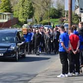 Pacemaker Press 23/03/23 Family and Friends attend the funeral of Ben Gillis at Ballymore Parish Church in Tandragee on Sunday. Ben A talented footballer who played for Portadown club Hanover was involved in a single-vehicle traffic collision on the Marlacoo Road, Richhill on 16th of April. He remained critically ill in hospital until he sadly passed away on Wednesday evening. Pic Pacemaker