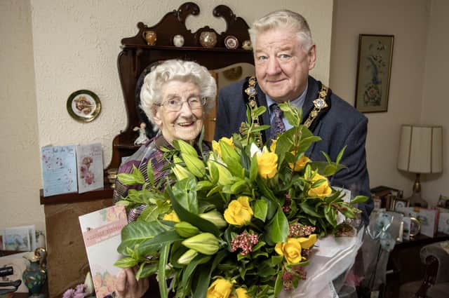 Mayor of Causeway Coast and Glens, Councillor Steven Callaghan joins Dorothy Cunningham to celebrate her 102nd birthday. Credit McAuley Multimedia