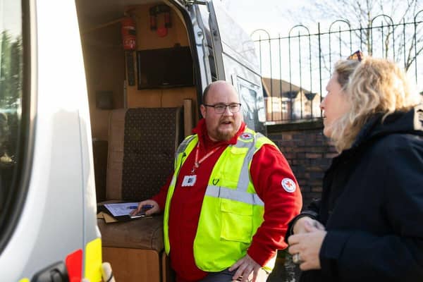British Red Cross volunteer Warren Mason bringing in aid to Loughborough after Storm Henk.