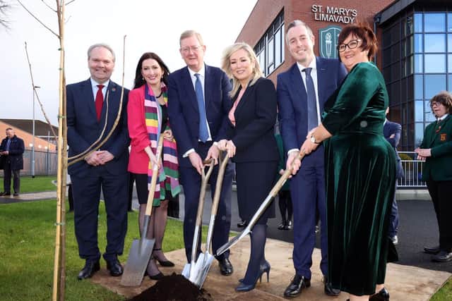 Pictured officially opening the £11million Shared Education Campus in Limavady are (L-R) Principal Limavady High School, Darren Mornin, deputy First Minister, Emma Little-Pengelly, Parliamentary Under Secretary of State at the Northern Ireland Office, Lord Caine, First Minister, Michelle O’Neill, Minister of Education, Paul Givan and Principal St Mary’s, Limavady Rita Moore. Credit Executive Office