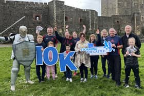 Launching this year’s Storming the Castle 10k road race  are the Mayor of  Mid and East Antrim, Alderman Gerardine Mulvenna, and Andy Smyth, race director, with Seapark AC club members, Seapark ‘Knight Sir’ Neil Harper and Austin Kelly, sponsor Clanmil Housing. Photo:submitted