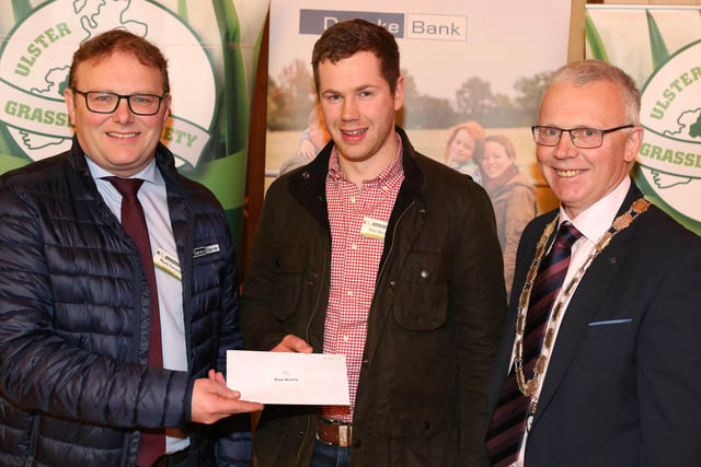 One of the Runner Up awards in the Young Farmers section of the Grassland Farmer of the Year went to Ross Beattie from Ballymoney who is pictured with Mark Forsythe, Danske Bank & John Egerton, UGS.