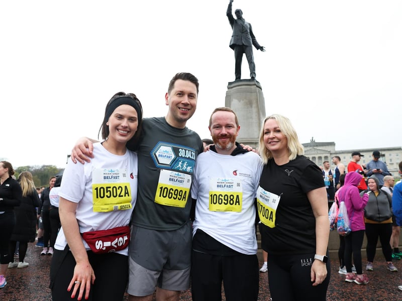 Katie Andrews, Paul Reilly, Sean Boyle and Deborah McAleese from UTV at the 2023 Mash Direct Belfast City Marathon.