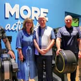 Tony and Joanne Daly alongside the Mayor of Antrim and Newtownabbey, Cllr Mark Cooper and staff who were on-hand to help him at the Valley last year.