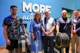 Tony and Joanne Daly alongside the Mayor of Antrim and Newtownabbey, Cllr Mark Cooper and staff who were on-hand to help him at the Valley last year.