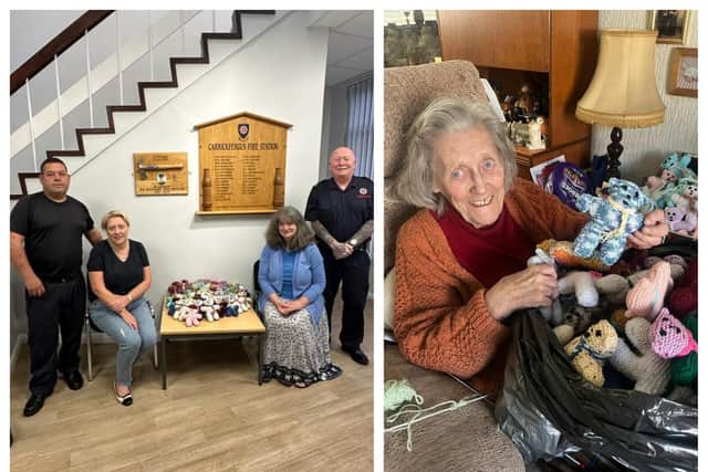 Brian Smyth and Paul Crozier accept donations of the teddies from Margaret and Dorinda, daughters of Elizabeth Pherson (right), who knitted over 50 of the teddies.  Photos: Carrickfergus Fire Station