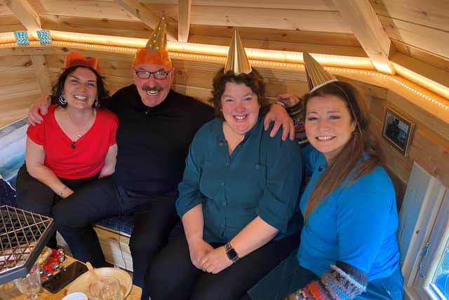 Joining Paula McIntyre (second right) in her garden BBQ shack for a special radio programme – Paula’s Hamely Christmas Supper, are from left, presenter and author Lolly Spence from Comber, sports pundit Liam Beckett and mezzo-soprano Carolyn Dobbin