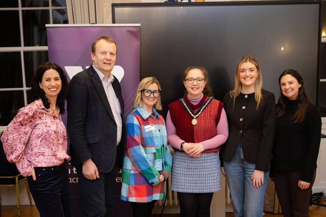 Deputy Lord Mayor, Councillor Jessica Johnston with (L-R) Roisin McDermott, CEO of WIBNI, Councillor Tim McClelland, Chair of Economic Development and Regeneration Committee, Maggie from Maggie McCreations, Aileen from Apiphany Jewellery, and Katie Elliot from WIBNI. Picture: ABC Borough Council.