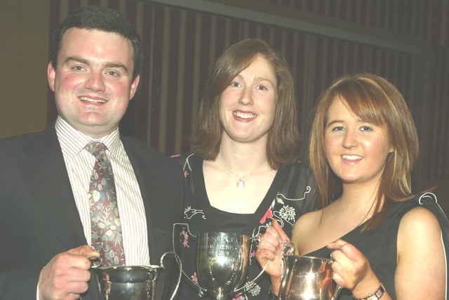 Lizzie Black pictured with her selection cups that she won at the Glens YFC dinner. Included are Thoburn McCaughy, Vice President YFC clubs of Ulste,r and Clair Hanna who presented the cups at the Glens YFC dinner in the Marine Hotel in Ballycastle in 2007