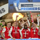 Larne celebrating being Danske Bank Irish Premiership champions after the game against Linfield at Inver Park on April 21. Picture By: Arthur Allison/Pacemaker.