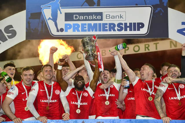 Larne celebrating being Danske Bank Irish Premiership champions after the game against Linfield at Inver Park on April 21. Picture By: Arthur Allison/Pacemaker.