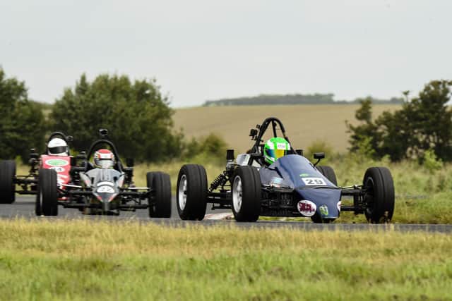 Ronan Doherty, Sheane, leads Kieran Hannon, Leastone, and Colm O'Loughlen, Leastone, on his way to winning round 6 of the LOH Motorsport Formula Vee Rookie race at KIrkistown. Picture: Barry Cregg