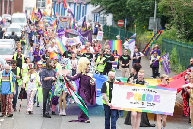 The Mid and East Antrim Pride parade makes its way through Ballymena on Saturday. Picture: Jonathan Porter / PressEye
