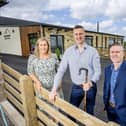 Katie and Jamese McCloy from Glenshane Country Farm and Ciaran Doherty, Head of Regions and Investment at Tourism NI,  officially launch Country Barn at Glenshane Country Farm.