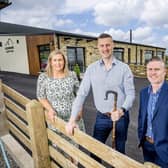 Katie and Jamese McCloy from Glenshane Country Farm and Ciaran Doherty, Head of Regions and Investment at Tourism NI,  officially launch Country Barn at Glenshane Country Farm.