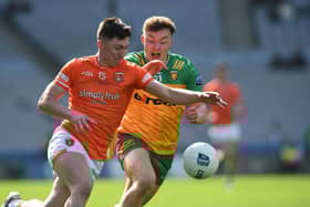 Armagh’s Oisin Conaty drives past Donegal’s Phillip Doherty during last year’s Allianz Football League Division 2 final. Pic: John Merry