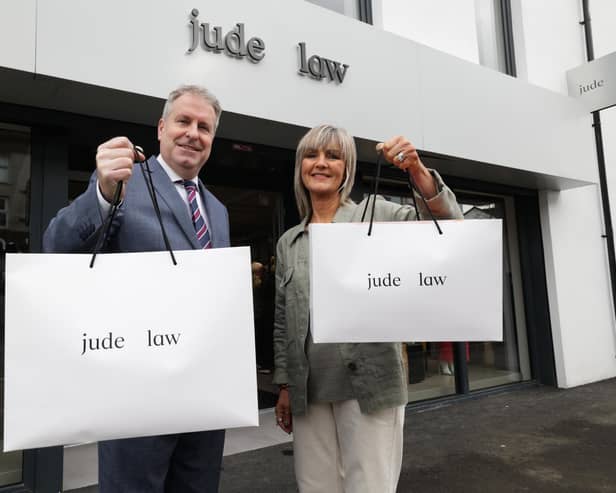 Robert Lynn of Danske Bank (left) and Jude Law, owner of Jude Law Boutique. Credit: Kelvin Boyes/ Press Eye