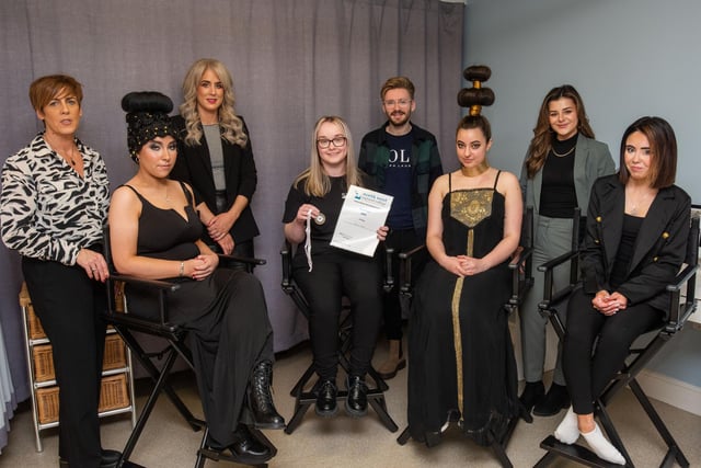 Level 3 student Naomi Collins, second in overall collection, pictured with Curriculum Manager for Hairdressing Cara Hegarty. Naomi’s models were Rhianna McCurry, Sarah Lopez and Clodagh Murray. Also pictured are: judges Emma Bradley, Christopher Young, and Hannah McCurdy.