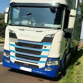Police stopped the driver of this lorry on the M1 after he was spotted driving with one foot on the dashboard. Picture: PSNI