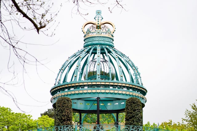 The ornate three floor pavilion is topped by a crown.