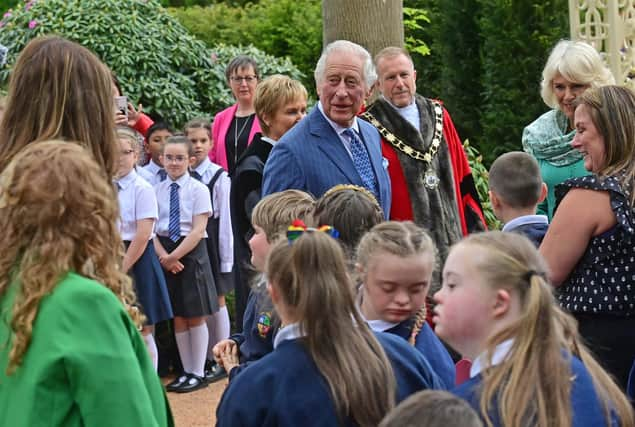 King Charles chats to the crowd at Hazelbank Park. Pcicture: Colm Lenaghan/Pacemaker