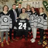 Providence College Women’s Ice Hockey Team present Lord Mayor of Belfast, Councillor Ryan Murphy with a personalised team jersey. Picture: William Cherry, Press Eye
